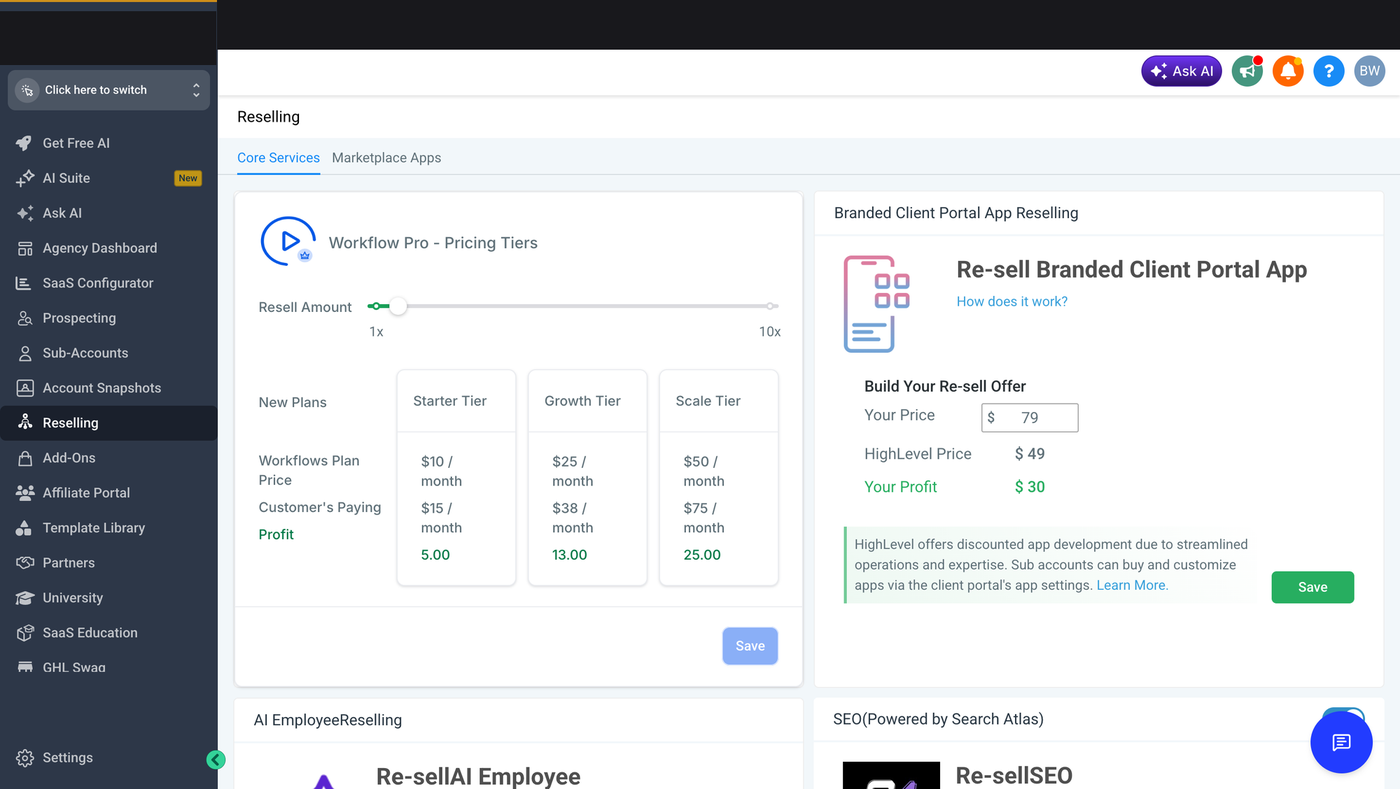 GoHighLevel Reselling screen showing markup pricing tiers for services