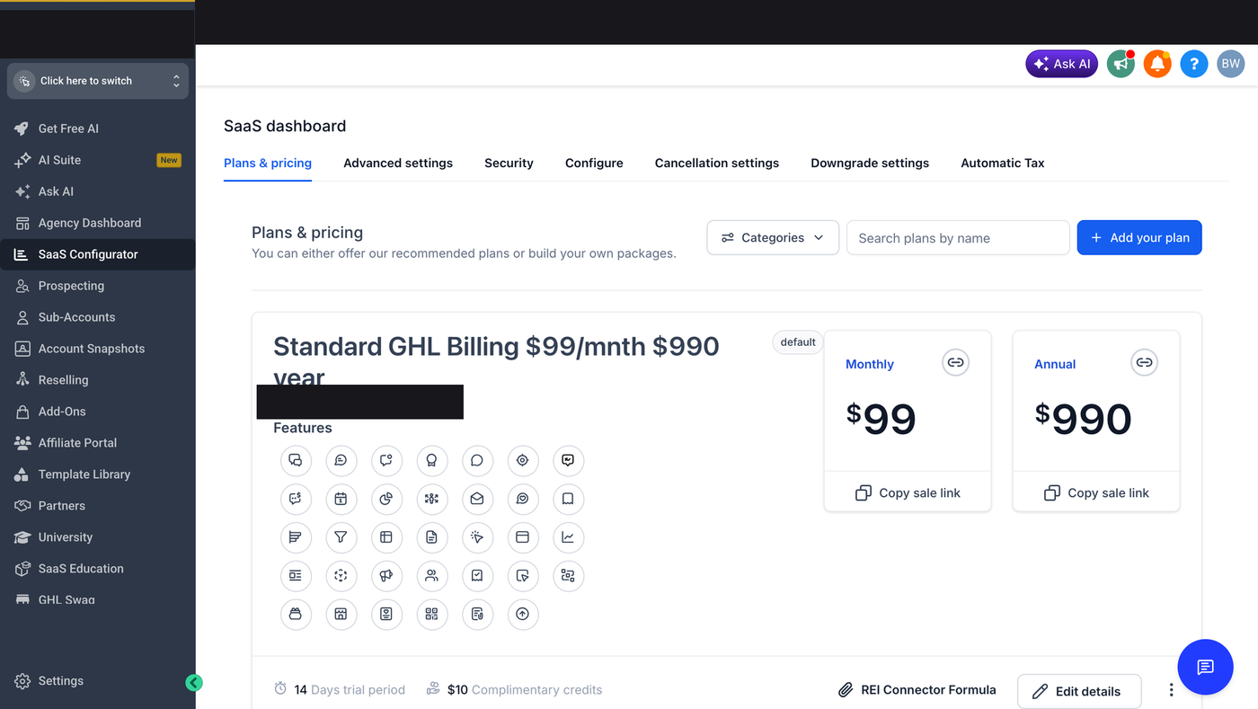 GoHighLevel SaaS Configurator Plans and pricing tab showing a monthly and annual plan