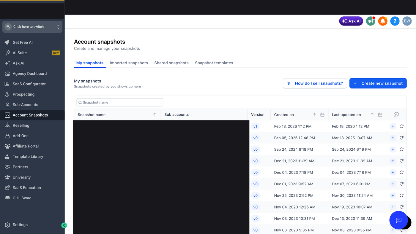 GoHighLevel Account Snapshots screen listing saved snapshots with versions and dates