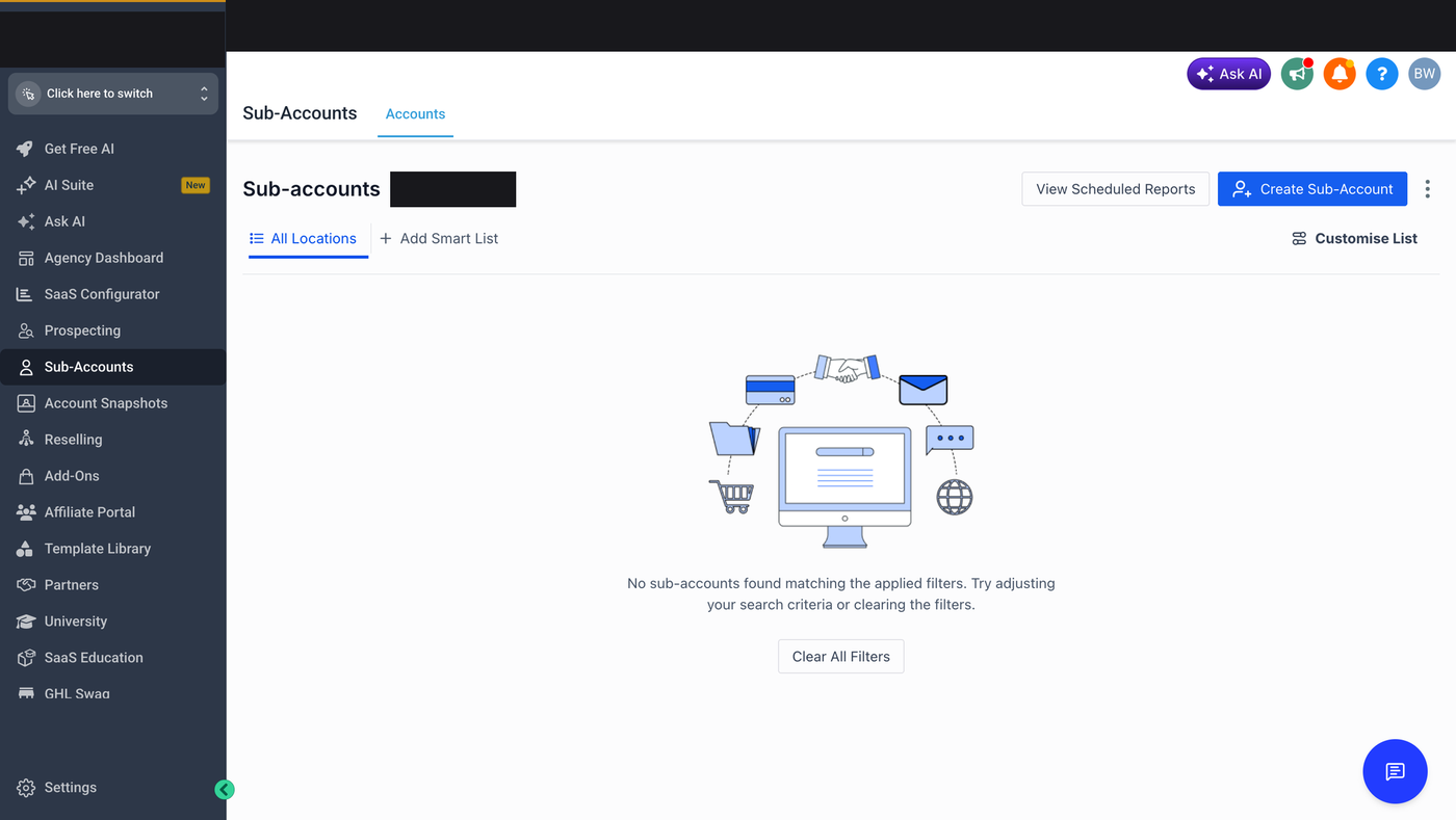 GoHighLevel Sub-Accounts screen with the Create Sub-Account button