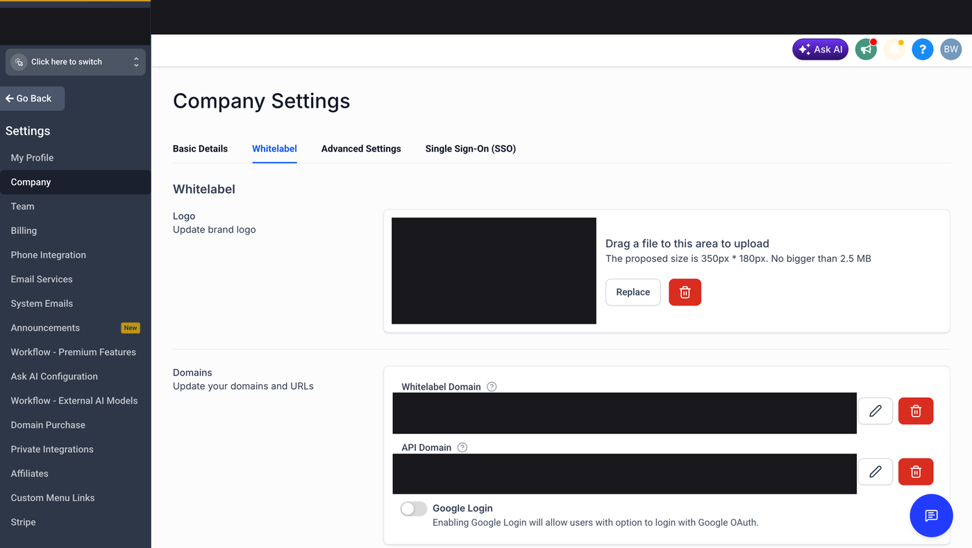 GoHighLevel Whitelabel settings showing the logo upload and custom domain fields