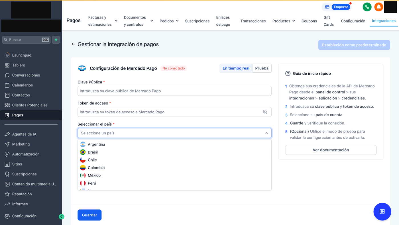 El selector de país de la configuración de Mercado Pago en GoHighLevel: Argentina, Brasil, Chile, Colombia, México, Perú y Uruguay