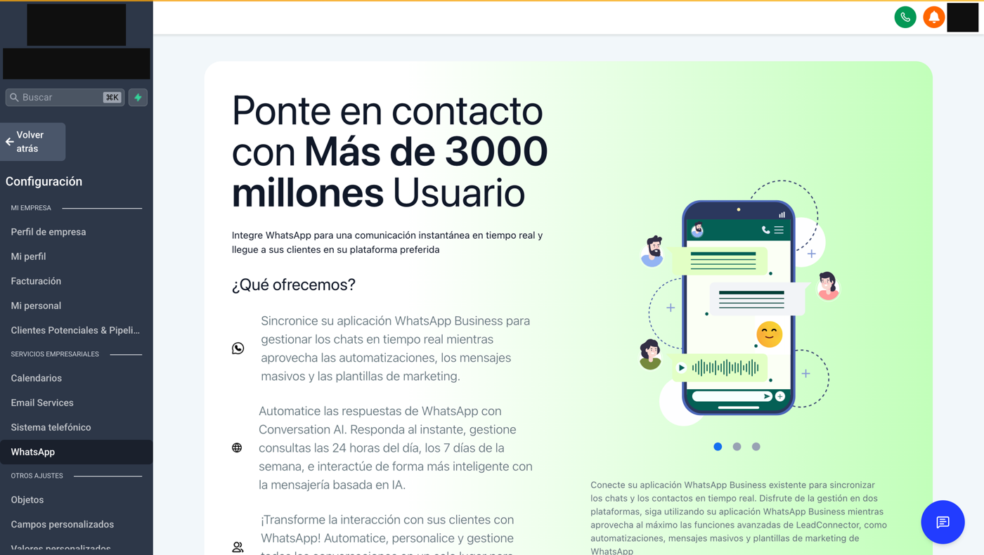 La opción de WhatsApp tal como aparece en una subcuenta de GoHighLevel, con sincronización de la app, Conversation AI y plantillas