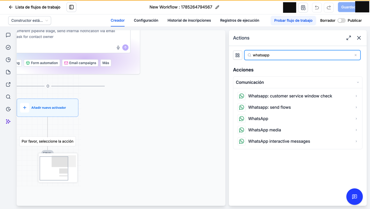 Las acciones nativas de WhatsApp en el creador de flujos de GoHighLevel: WhatsApp, media, interactive messages, send flows y customer service window check