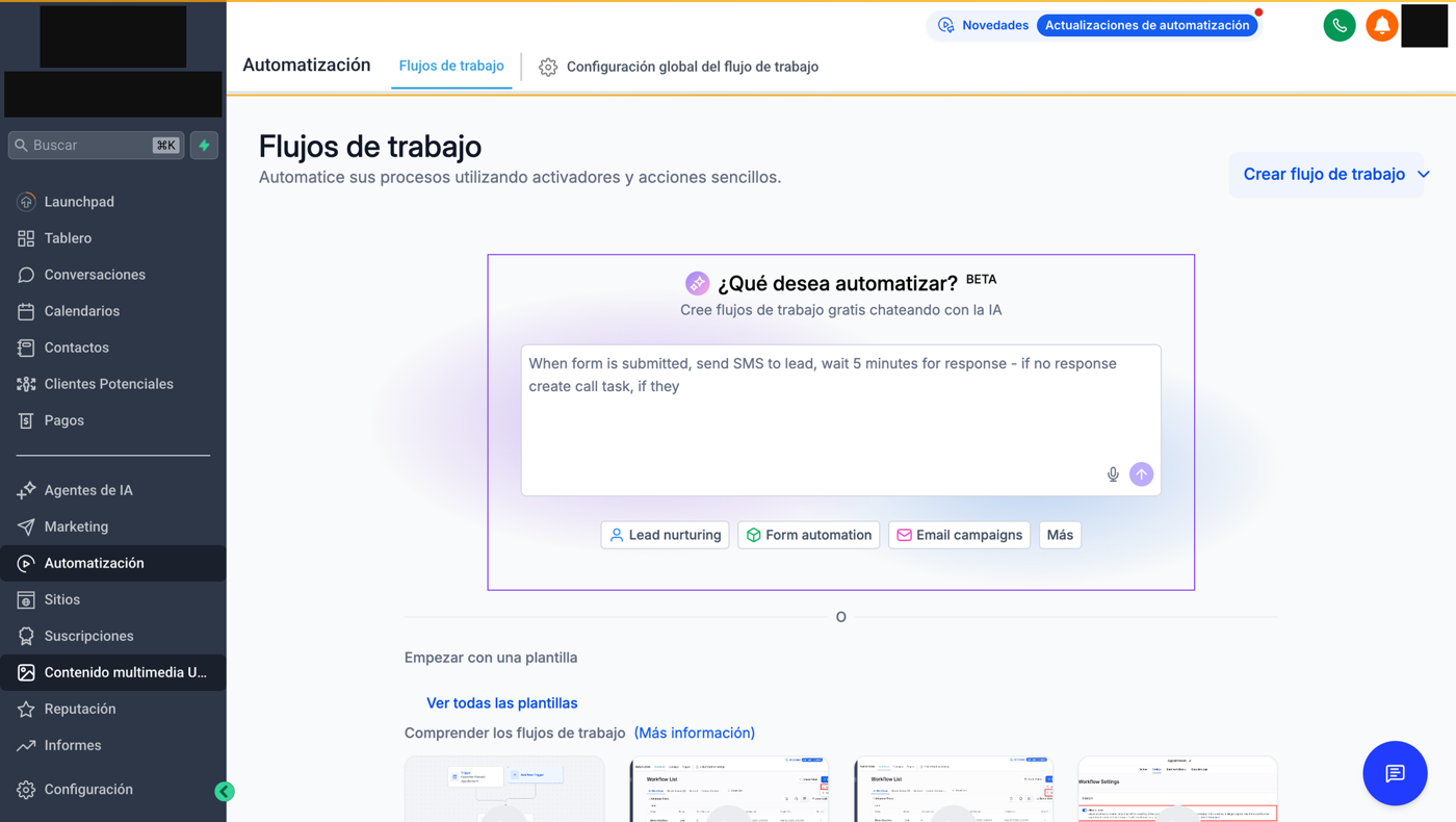 La página de Flujos de trabajo de GoHighLevel con el asistente de IA en beta y la biblioteca de plantillas